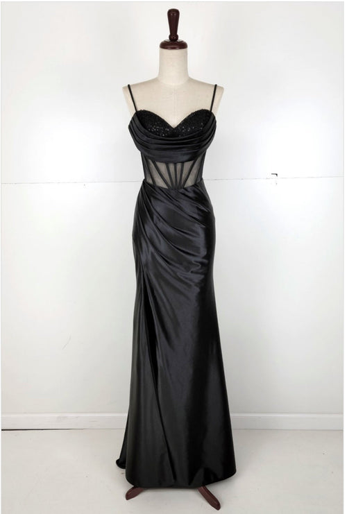 Chicas C333 Sweetheart Corset High-Slit Beaded Strappy Satin Dress