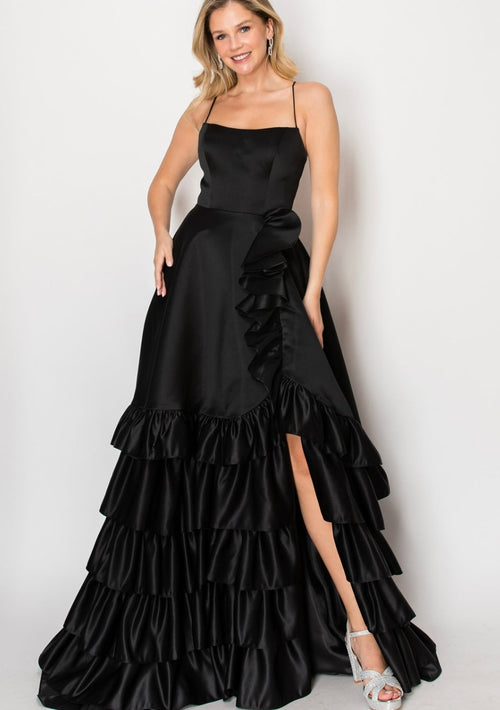 Chicas C826 Evening Black High-Low Spaghetti-Strap Satin Dress