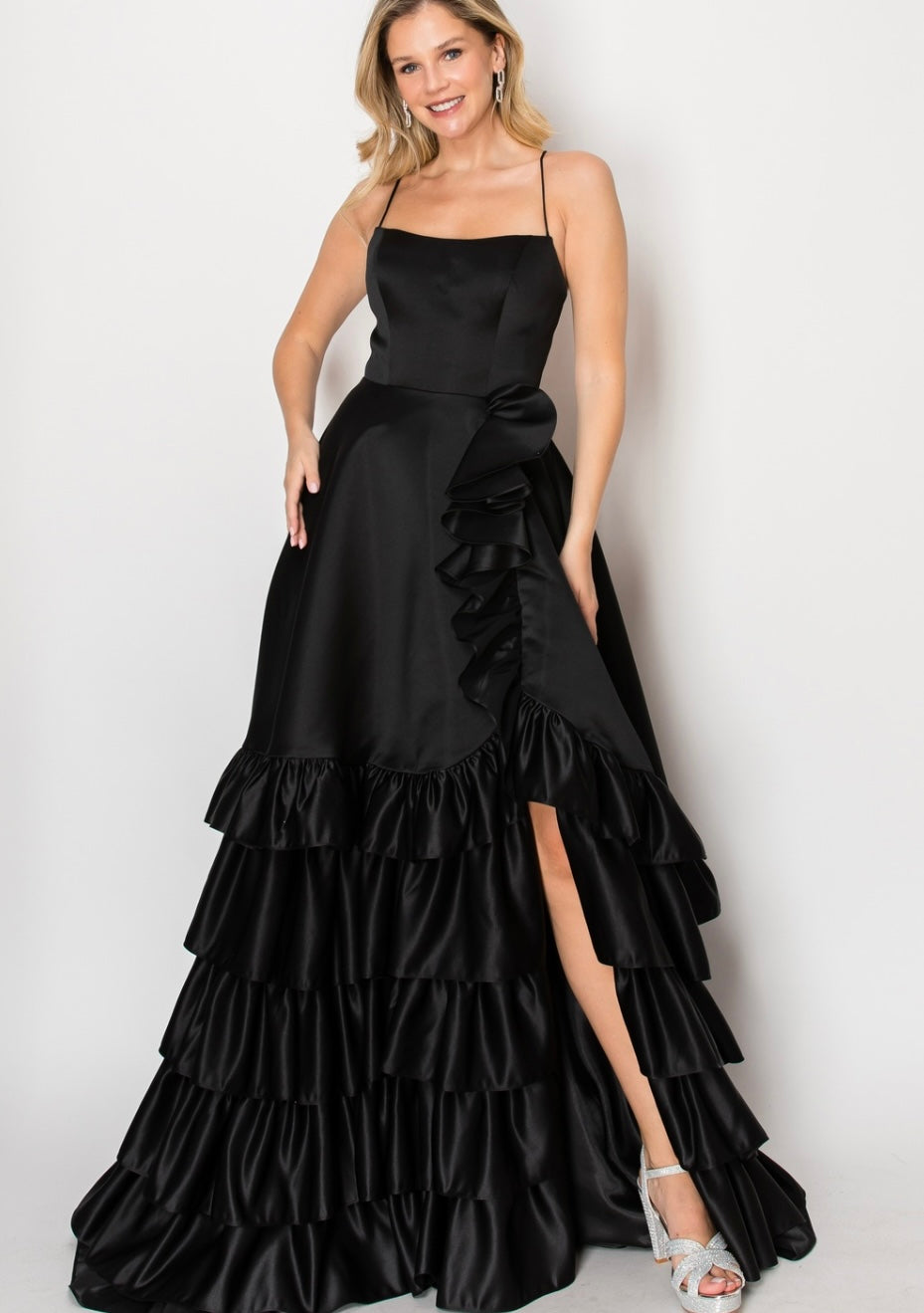 Chicas C826 Evening Black High-Low Spaghetti-Strap Satin Dress