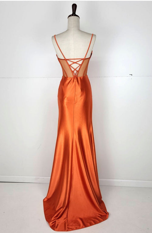 Chicas C333 Sweetheart Corset High-Slit Beaded Strappy Satin Dress
