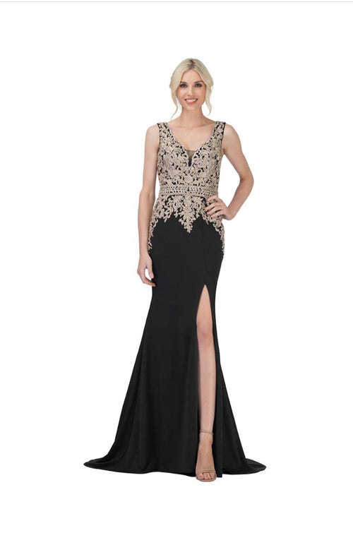Chicas C7530 Gold V-Neck Long High-Slit Embroidered Fabric Dress