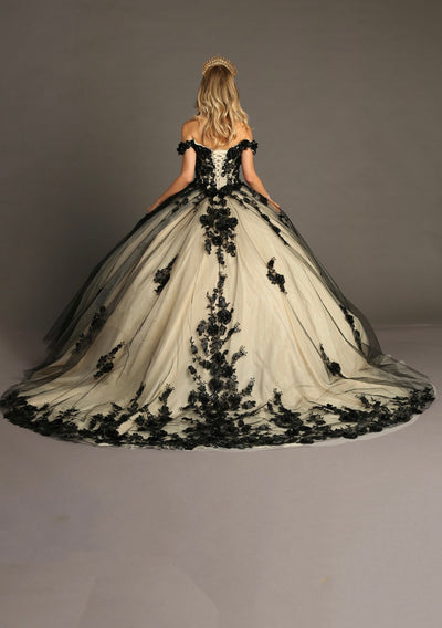 Chicas HF3088 Printed Black BallDress Floral Floor-Length Tulle Dress