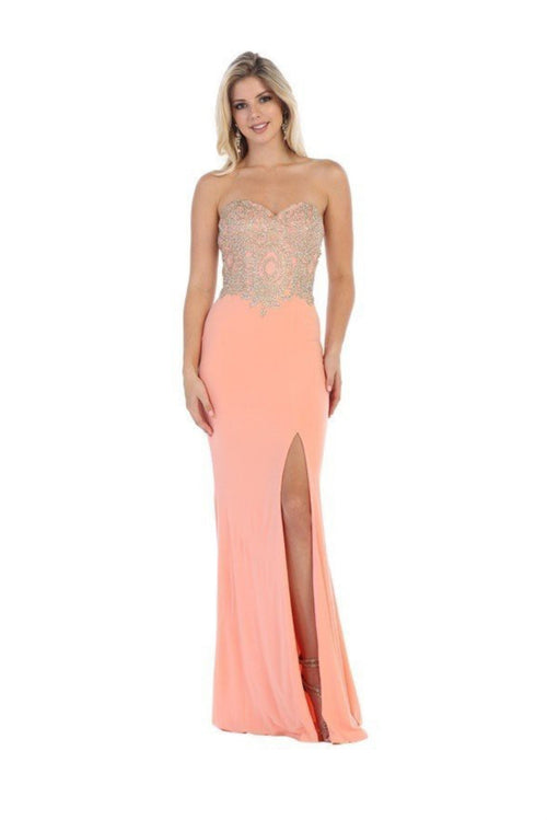 Chicas C3308 Gold Mermaid Strapless High-Slit Embroidered Jersey Dress