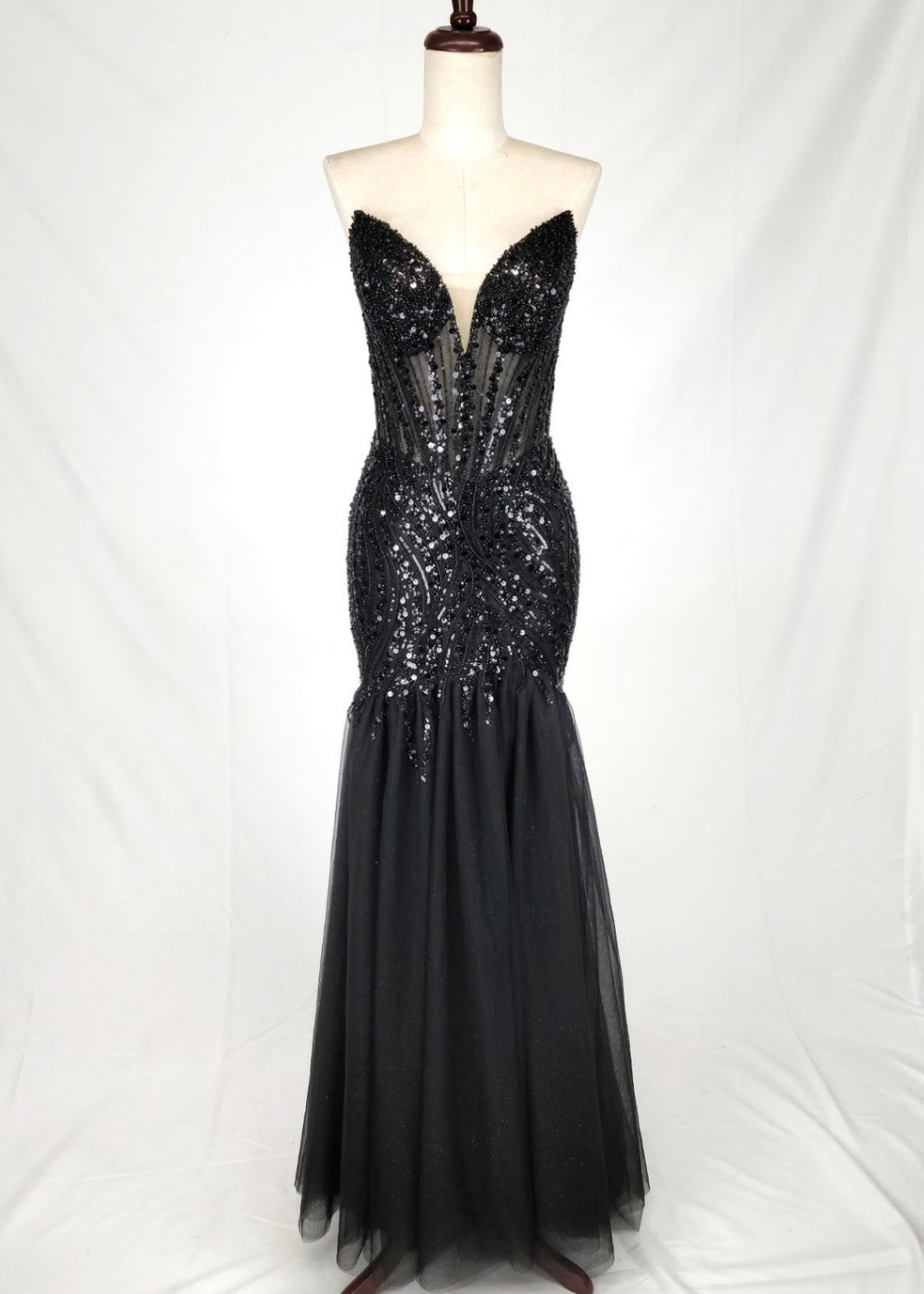 Chicas C345 Elegant Evening Black Mermaid Strapless Floor-Length Tulle Dress