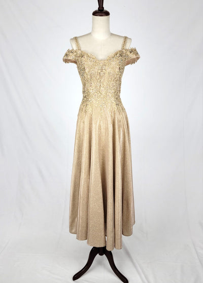 Chicas J049 Gold A-Line Tea-Length Embroidered Shimmer Strappy Fabric Dress