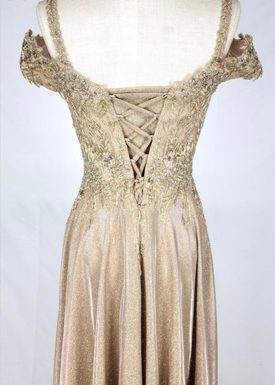 Chicas J049 Gold A-Line Tea-Length Embroidered Shimmer Strappy Fabric Dress