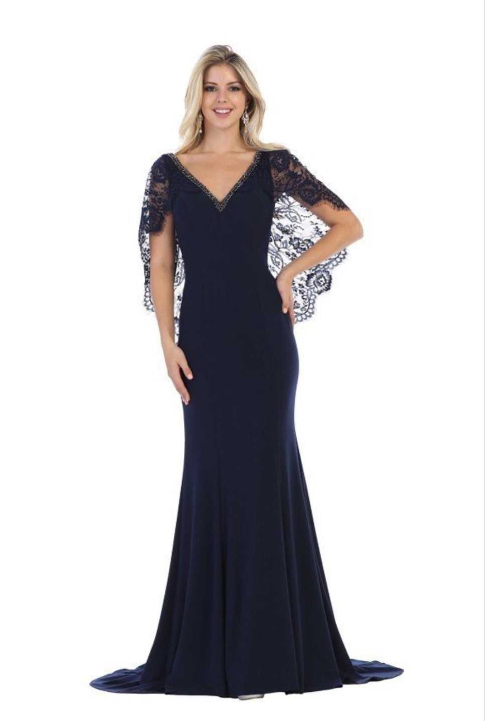 Chicas LM8019 V-Neck Floor-Length Cape Formal Style Lace Dress