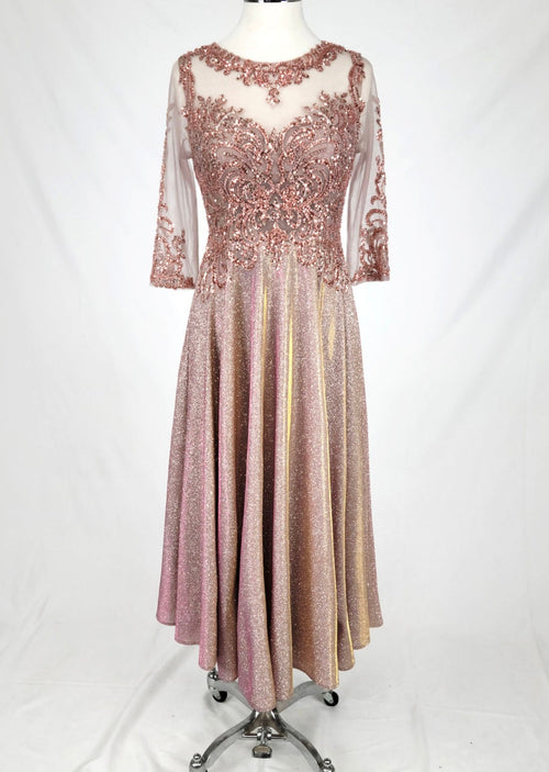 Chicas J040 Formal Gold A-Line Illusion Tea-Length Fabric Dress