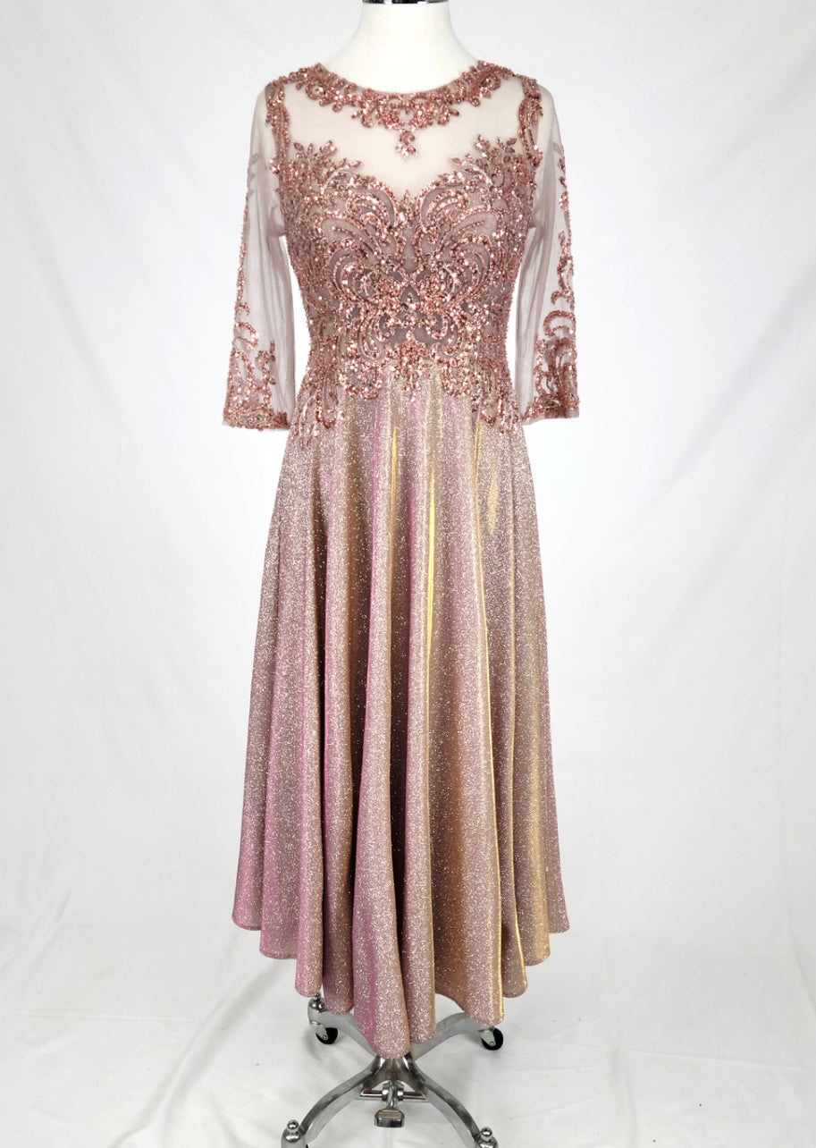 Chicas J040 Formal Gold A-Line Illusion Tea-Length Fabric Dress