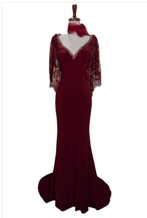 Chicas LM8019 V-Neck Floor-Length Cape Formal Style Lace Dress