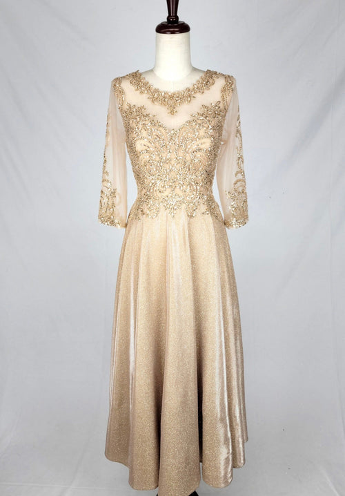 Chicas J040 Formal Gold A-Line Illusion Tea-Length Fabric Dress