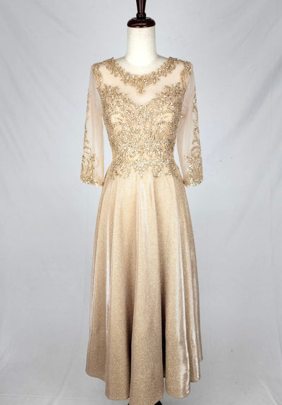Chicas J040 Formal Gold A-Line Illusion Tea-Length Fabric Dress