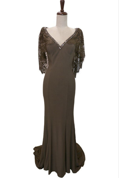 Chicas LM8019 V-Neck Floor-Length Cape Formal Style Lace Dress
