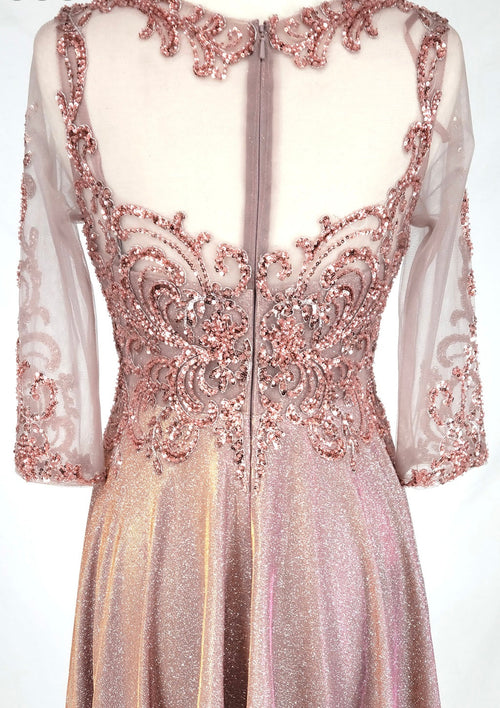 Chicas J040 Formal Gold A-Line Illusion Tea-Length Fabric Dress