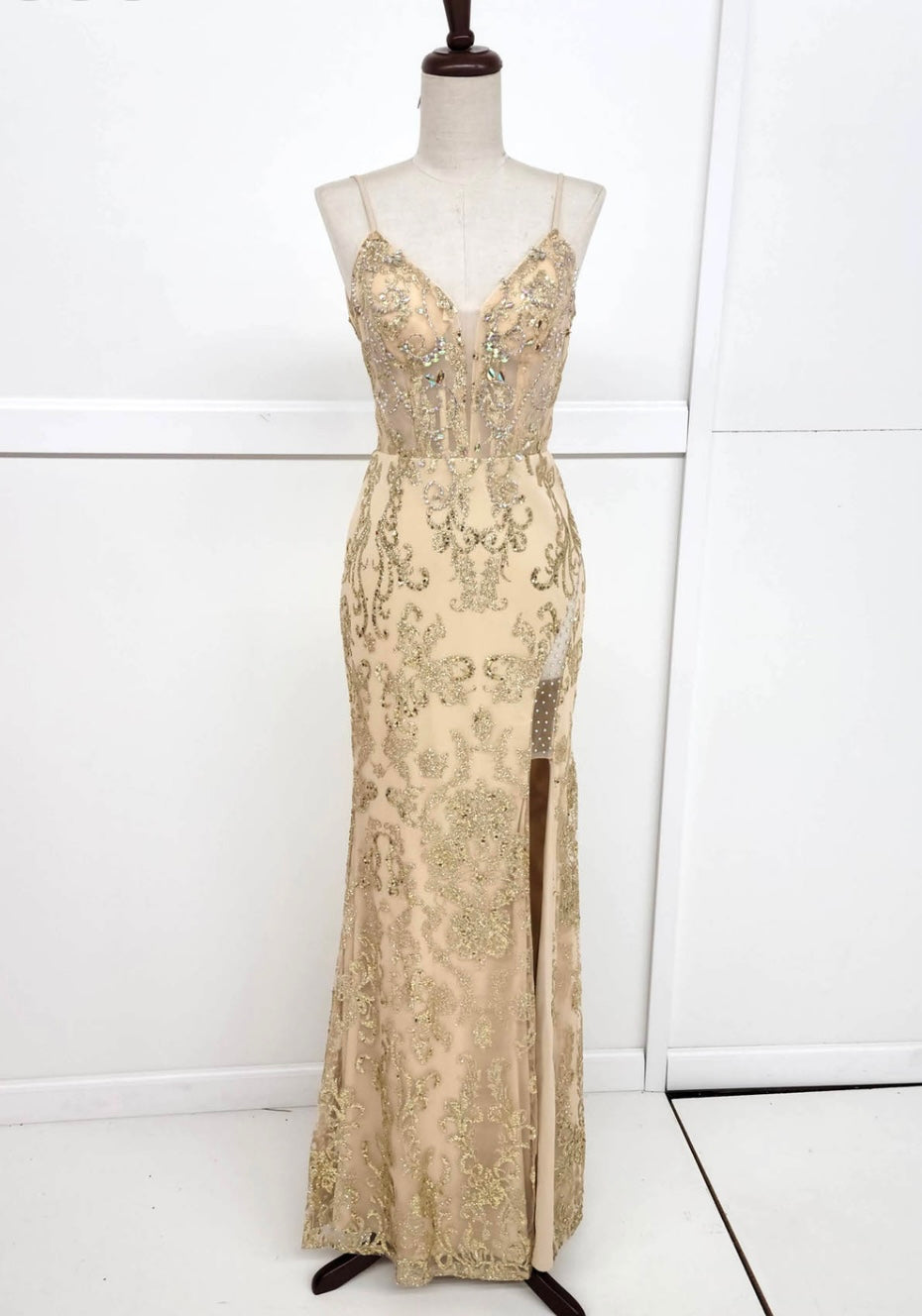 Chicas 4028 Elegant Prom Gold Spaghetti-Strap Corset High-Slit Fabric Dress