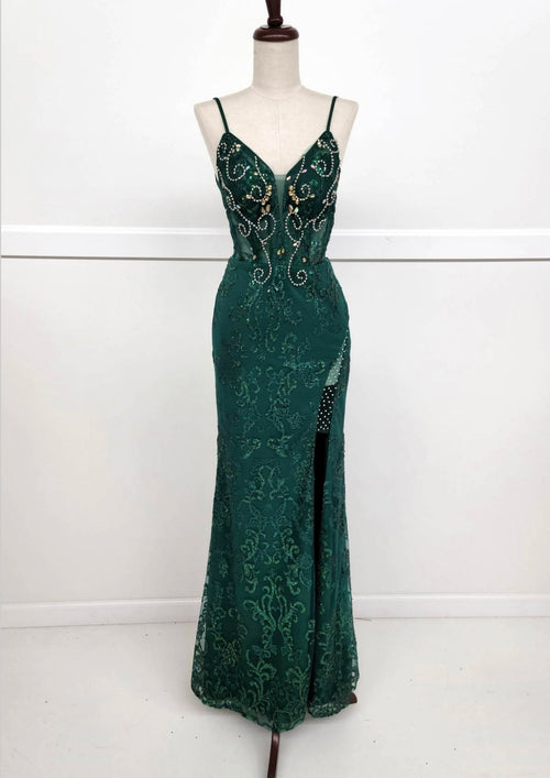 Chicas 4028 Elegant Prom Gold Spaghetti-Strap Corset High-Slit Fabric Dress