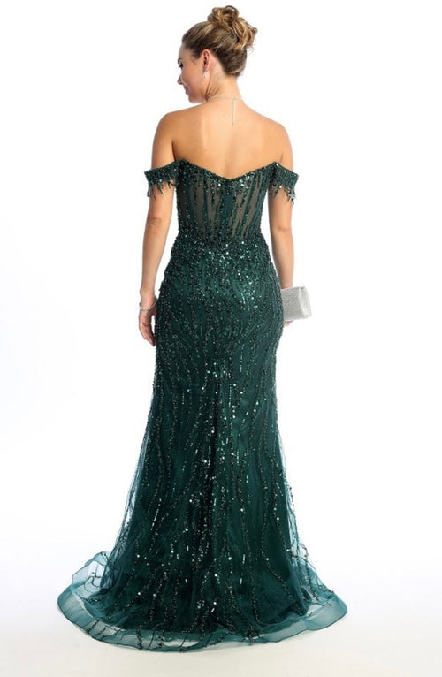Chicas C331 Black Off-Shoulder Floor-Length High-Slit Sequin Fabric Dress
