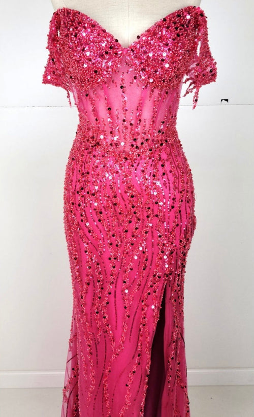 Chicas C331 Black Off-Shoulder Floor-Length High-Slit Sequin Fabric Dress