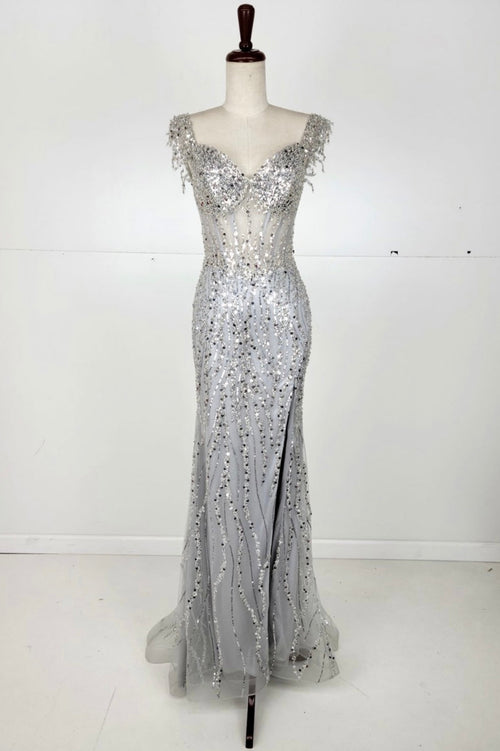 Chicas C331 Black Off-Shoulder Floor-Length High-Slit Sequin Fabric Dress