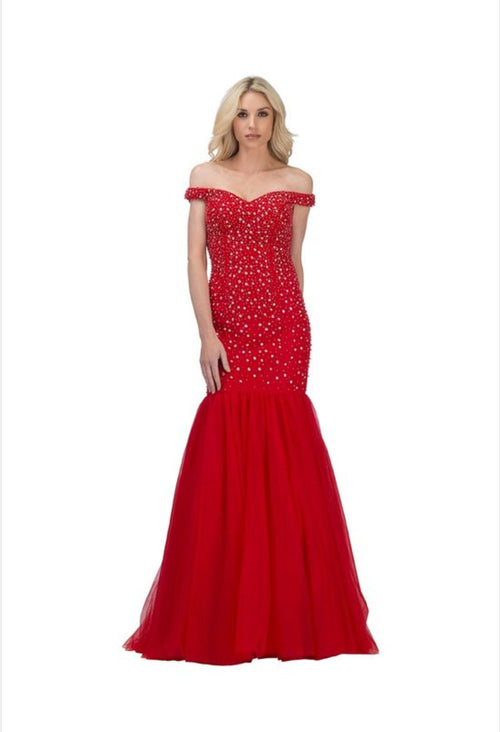 Chicas C9162 Fit-and-Flare Off-Shoulder Floor-Length Beaded Tulle Dress