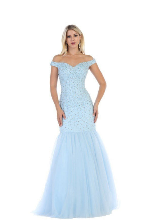 Chicas C9162 Fit-and-Flare Off-Shoulder Floor-Length Beaded Tulle Dress