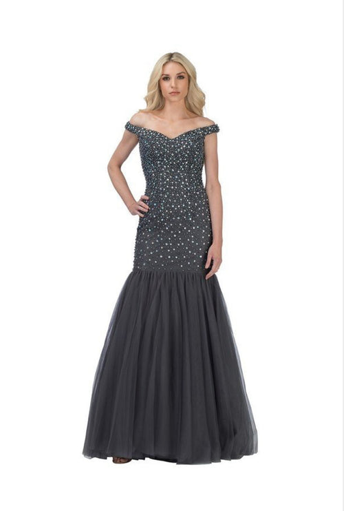 Chicas C9162 Fit-and-Flare Off-Shoulder Floor-Length Beaded Tulle Dress