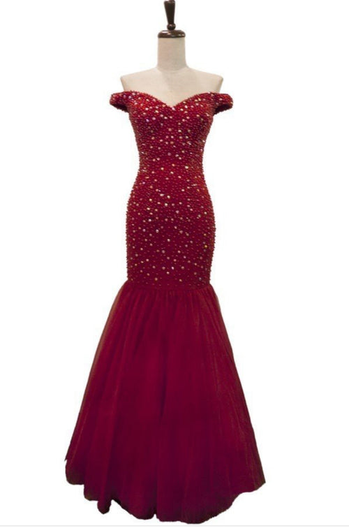 Chicas C9162 Fit-and-Flare Off-Shoulder Floor-Length Beaded Tulle Dress