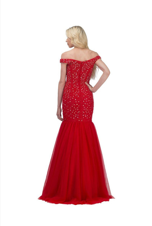 Chicas C9162 Fit-and-Flare Off-Shoulder Floor-Length Beaded Tulle Dress