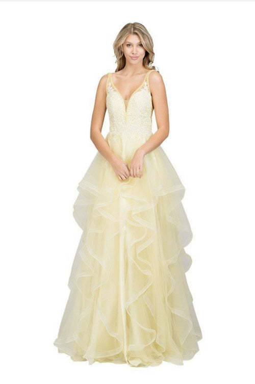 Chicas XR6006 Sleeveless Floor-Length Embroidered Ruffled Tulle Dress