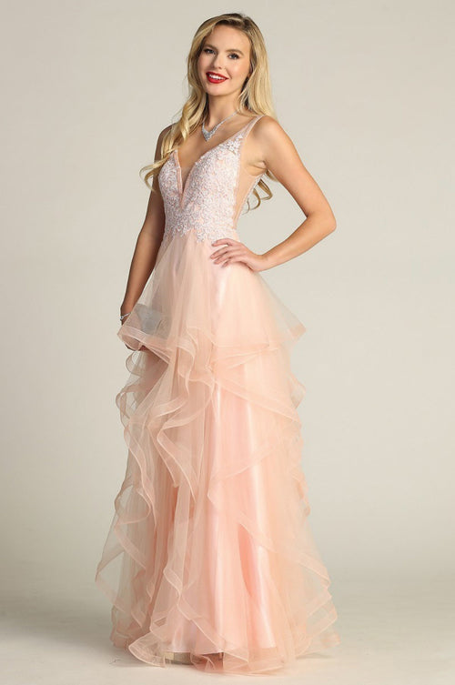 Chicas XR6006 Sleeveless Floor-Length Embroidered Ruffled Tulle Dress