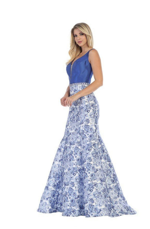 Chicas XH5004 Printed Blue V-Neck Floral Floor-Length Satin Dress