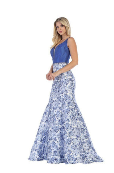 Chicas XH5004 Printed Blue V-Neck Floral Floor-Length Satin Dress