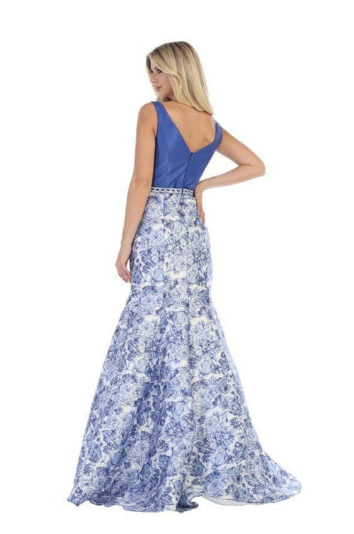 Chicas XH5004 Printed Blue V-Neck Floral Floor-Length Satin Dress