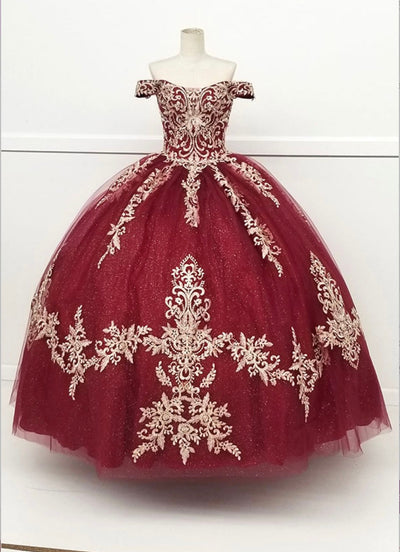 Chicas HF3008 Glitter Quinceañera Burgundy BallDress Tulle Dress