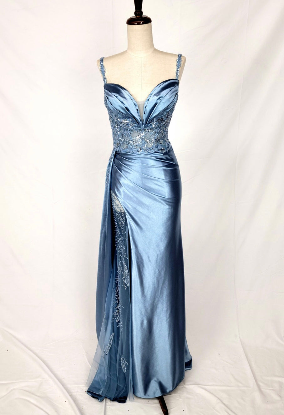 Chicas C342 Evening Blue Illusion Floor-Length High-Slit Satin Dress