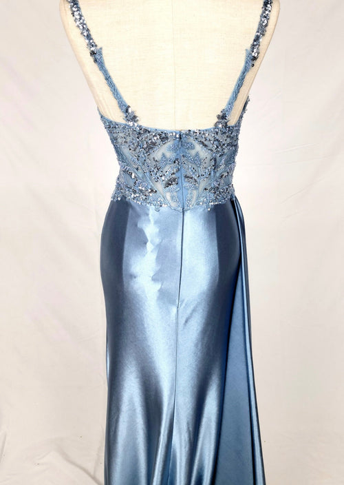 Chicas C342 Evening Blue Illusion Floor-Length High-Slit Satin Dress