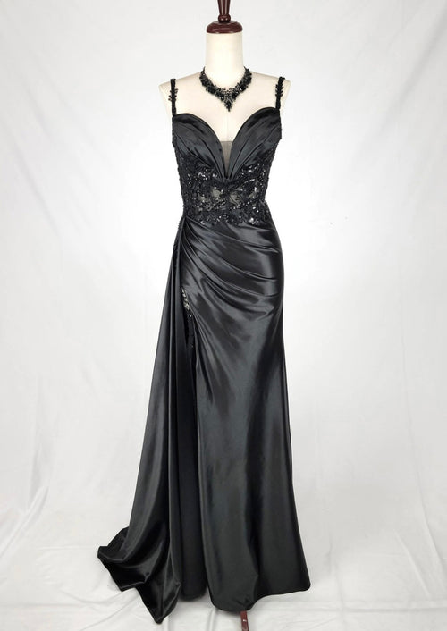 Chicas C342 Evening Blue Illusion Floor-Length High-Slit Satin Dress