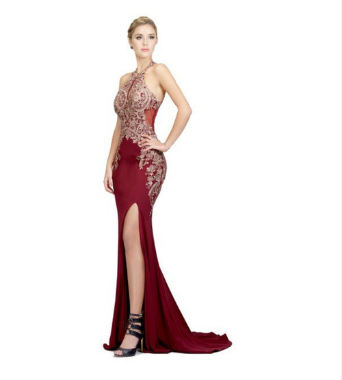 Chicas C1541 Halter Short High-Slit Chic Style Fabric Dress