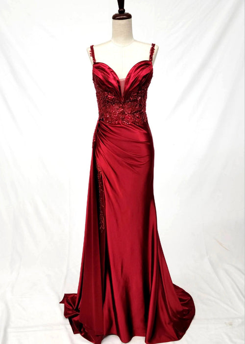 Chicas C342 Evening Blue Illusion Floor-Length High-Slit Satin Dress