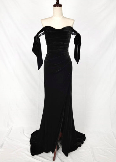 Chicas w811 Evening Black Floor-Length High-Slit Train Velvet Dress