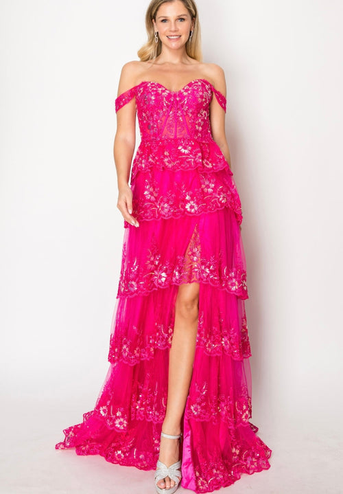Chicas C2433 Romantic Printed Evening Black Floral Floor-Length Lace Dress