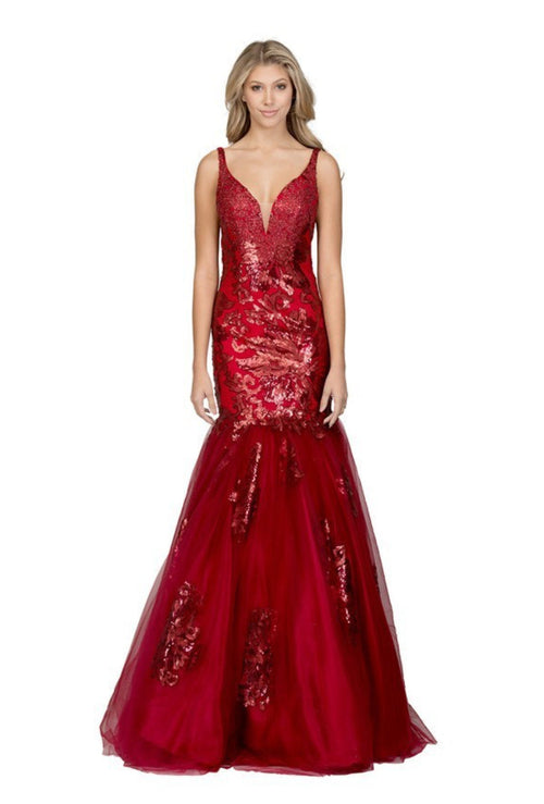 Chicas DR7009 V-Neck Floor-Length Sequin Formal Style Fabric Dress