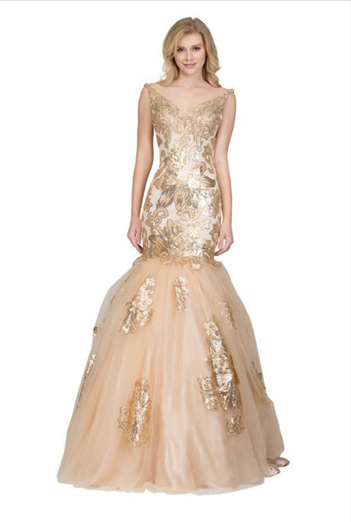Chicas DR7009 V-Neck Floor-Length Sequin Formal Style Fabric Dress