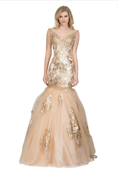 Chicas DR7009 V-Neck Floor-Length Sequin Formal Style Fabric Dress