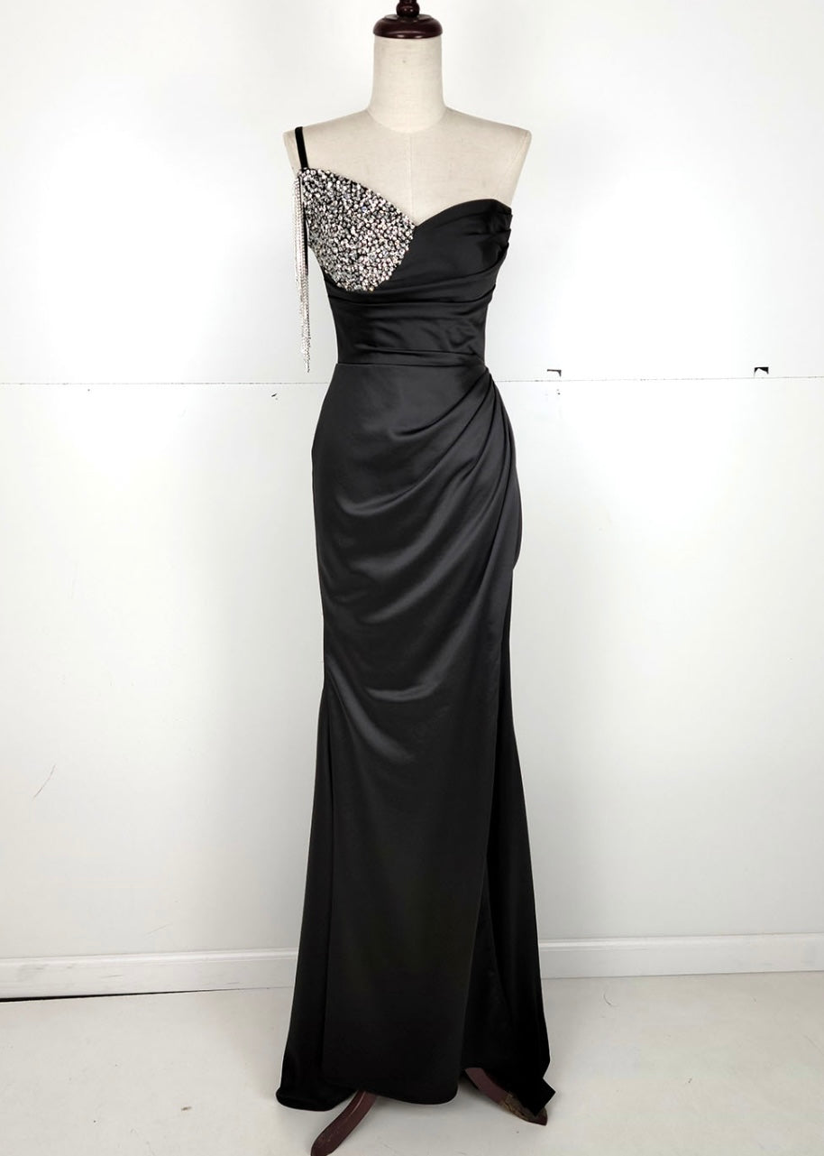Chicas C338 Elegant Evening Black One-Shoulder Floor-Length Beaded Satin Dress