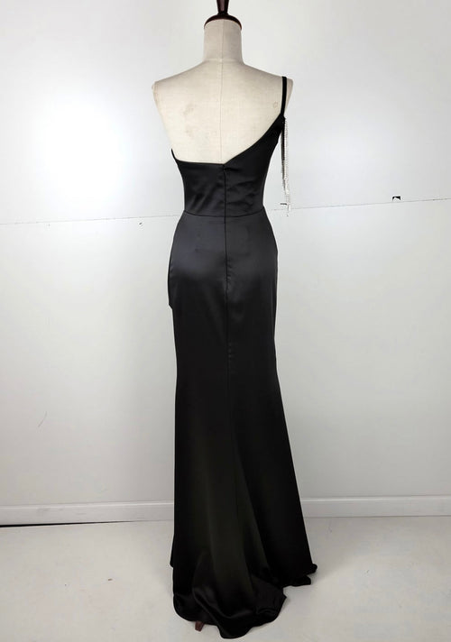 Chicas C338 Elegant Evening Black One-Shoulder Floor-Length Beaded Satin Dress