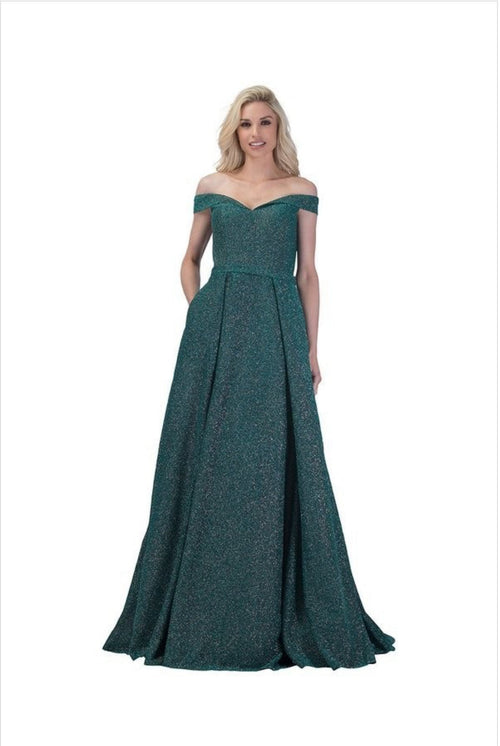 Chicas BT9025 Solid-Color Off-Shoulder Floor-Length Pocket Fabric Dress