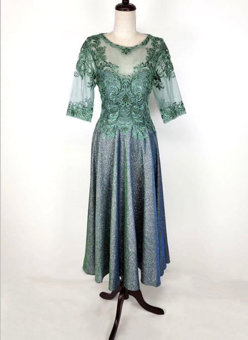 Chicas J016 Elegant Metallic Glitter Bridal Green A-Line Lace Dress