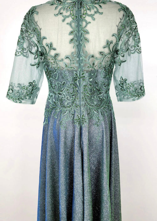 Chicas J016 Elegant Metallic Glitter Bridal Green A-Line Lace Dress