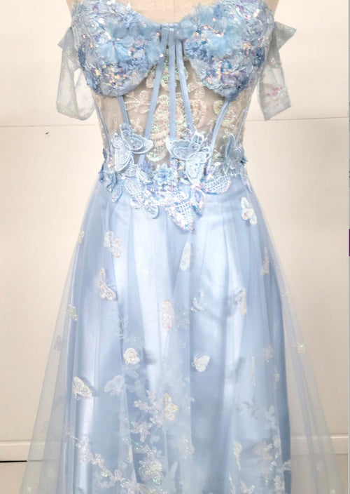 Chicas C822 Romantic Printed Prom Blue A-Line Butterfly Tulle Dress
